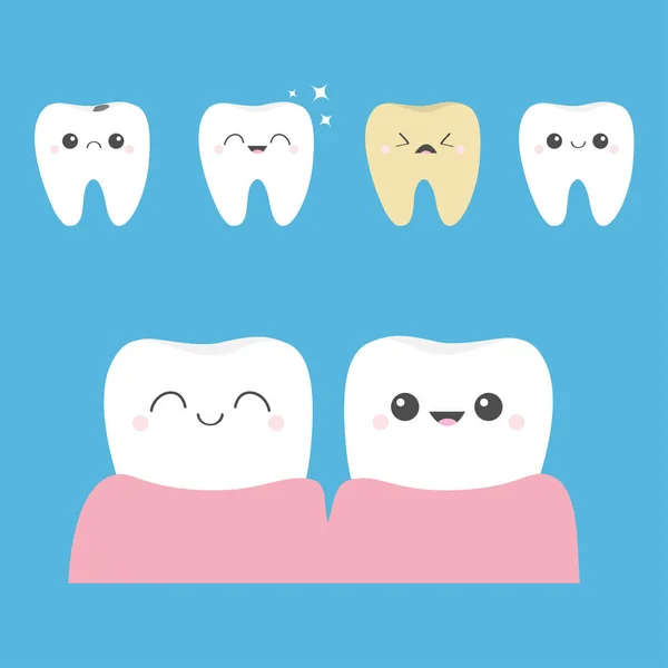 Conjunto de iconos de dientes. Una estrella brillante. Blanco Amarillo Saludable sonriendo Llorando malos dientes enfermos. Antes después de la Infografía. Lindo personaje de dibujos animados kawaii. Higiene dental oral. Fondo de bebé. Diseño plano . — Vector de stock