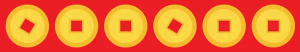 Китайский набор монет. Меценатский центр золотых денег Китая. Золотая монета с дырой. Символ Нового года. Красный фон. Плоский дизайн . — стоковый вектор
