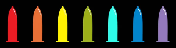 Kondom Regenbogen-Symbol gesetzt Linie. Schutz. flache Bauweise. schwarzer Hintergrund. isoliert. — Stockvektor