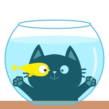 Akvaryum camına bakan kedi. Altın balıkla oynuyorum. Sevimli karikatür kawaii komik bebek karakteri. Büyük gözler. Yüzen japon balığı. Pençe baskı lı el. Düz tasarım. Beyaz arka plan.