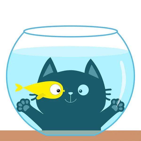 Gato olhando através de vidro de aquário. Brincando com peixes dourados. Bonito desenho animado kawaii engraçado personagem do bebê. Olhos grandes. Peixe-dourado nadador. Mão de impressão da pata. Design plano. Fundo branco . — Vetor de Stock