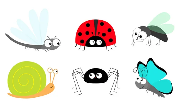 Lady bug ladybird Fly Housefly Spider Butterfly Dragonfly Snail insect icon set. Baby kids collection. Cute cartoon kawaii funny character. Smiling face. Flat design. White background. — Stock Vector