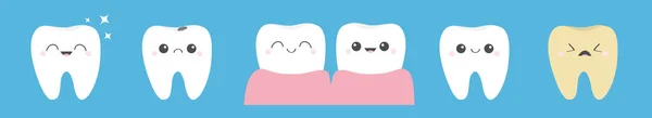 Icono de diente línea fija. Una estrella brillante. Sonriente saludable Llorando malos dientes enfermos. Amarillo Blanco Antes Después de la Infografía. Lindo personaje de dibujos animados kawaii. Higiene dental oral. Fondo de bebé. Diseño plano . — Vector de stock