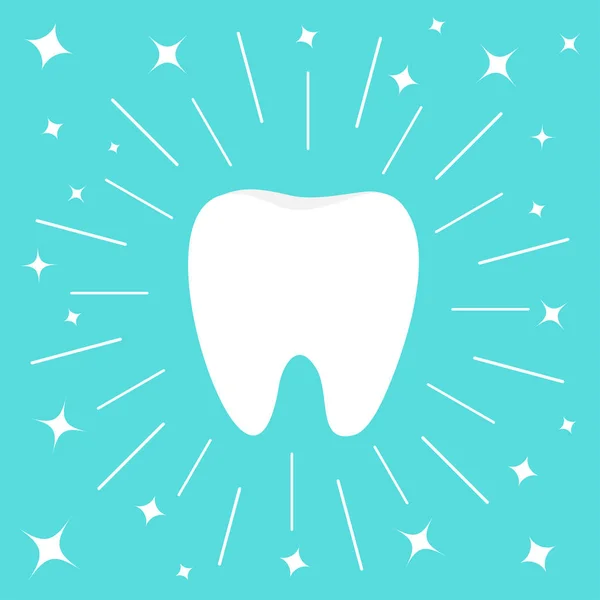 Friska vita tand ikonen. Rund linje cirkel. Oral tandhygien. Barn tänder vård. Lysande effekt glittrar stjärnor. Platt design. Blå bakgrund. — Stock vektor