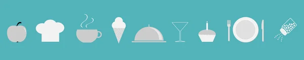 Menu sada ikon pro restauraci. Šéfkuchař, Cloche, káva, talíř, solný šnek, Sklenička na Martini, zmrzlina, zmrzlina, jablko. Plochý design. Modrý pozadí. Izolované. — Stockový vektor