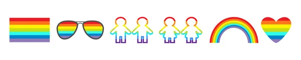 Regenboog gasses, hart, zonnebril, vlag, meisje jongen pictogram instellen lijn. Homohuwelijk. LGBT trots teken symbool. Plat ontwerp. Witte achtergrond. — Stockvector