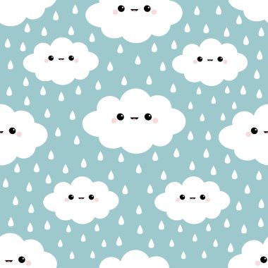 Seamless Pattern. Cloud in the sky. Rain drop. Cute cartoon kawaii funny smiling baby character. Wrapping paper, textile template. Nursery decoration. Blue background. Flat design.