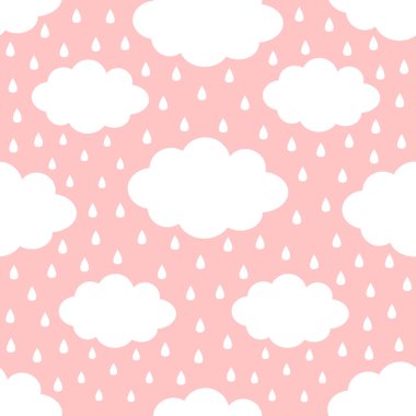 Seamless Pattern. Cloud in the sky. Rain drop. Cute cartoon kawaii funny baby kids decor. Wrapping paper, textile template. Nursery decoration. Pink background. Flat design.
