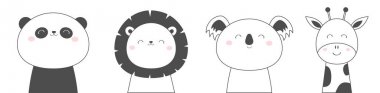 Koala Panda ayı Aslan Zürafa yüz skeç hattı simge seti. Kawaii hayvanı. Sevimli çizgi film karakteri. Komik bebek çocuklar baskı. Love Tebrik kartı. Düz tasarım. Beyaz arka plan. Izole.
