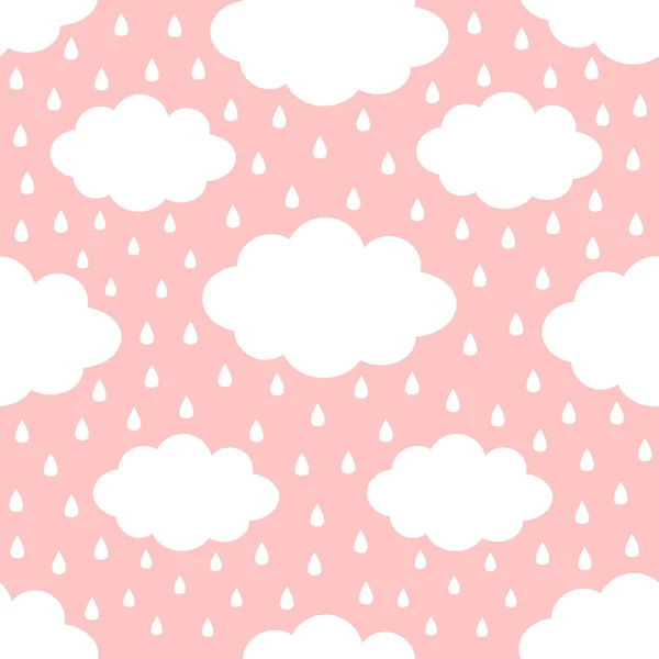 Seamless Pattern. Cloud in the sky. Rain drop. Cute cartoon kawaii funny baby kids decor. Wrapping paper, textile template. Nursery decoration. Pink background. Flat design. — Stok Vektör