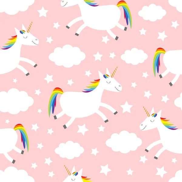 Sömlöst mönster. Unicorn hoppning. Cloud Star på himlen. Söt tecknad kawaii rolig leende bebis karaktär. Omslagspapper, textil mall. Plantskola dekoration rosa bakgrund flat design — Stock vektor