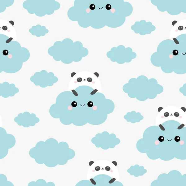 Бесшовный узор. Лицо панды, держащее облако в небе. Симпатичный мультик с забавным улыбающимся детским персонажем. Оберточная бумага, текстильный шаблон. Оформление детского сада. Белый фон. Плоский дизайн . — стоковый вектор