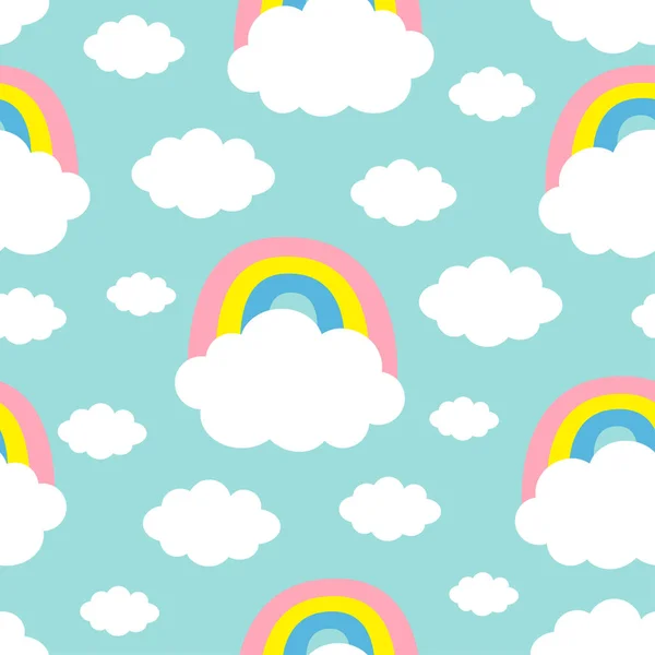 シームレスなパターン。雲のカラフルな虹。かわいい漫画可愛い面白い赤ちゃんの子供の装飾。ラッピングペーパー、テキスタイルテンプレート。保育園の装飾。青い背景。フラットデザイン. — ストックベクタ