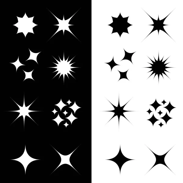 Yıldız Sparkles işareti sembol şekli ayarlayın. Sevimli koleksiyonu. Dekorasyon unsuru. Parlayan etkisi. Düz tasarım. Beyaz ve siyah arka plan. — Stok Vektör