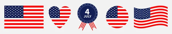 Feliz dia da independência ícone definido linha. Estados Unidos da América. 4 de Julho. Acenando bandeira americana, coração, forma redonda, distintivo com fitas. Fundo branco. Projeto plano . —  Vetores de Stock