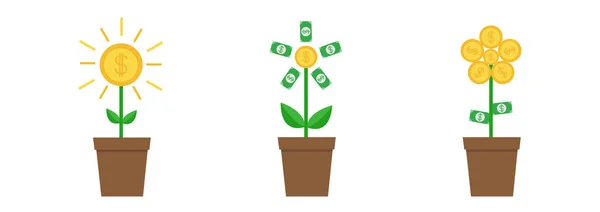 Växande pengar träd lysande mynt med dollar underteckna set linje. Plantera i potten. Finansiellt tillväxt koncept. Framgångsrik affärs ikon. Platt design. Isolerade. Vit bakgrund. — Stock vektor