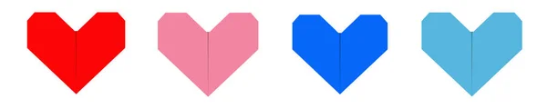 Conjunto de iconos corazón de papel. Rojo, azul, rosa. Origami plegado artesanal. Feliz símbolo de San Valentín. Linda forma gráfica. Me encanta la tarjeta de felicitación. Diseño plano. Aislado. Fondo blanco . — Archivo Imágenes Vectoriales