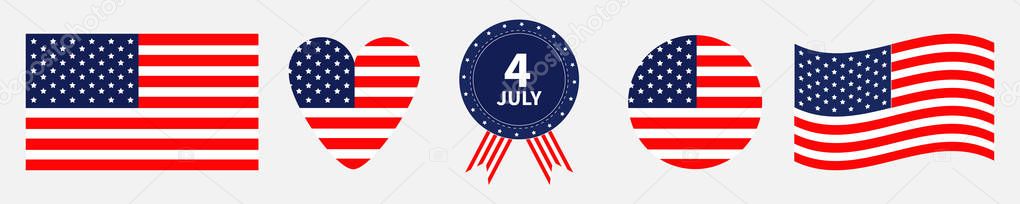 Happy independence day icon set line. United states of America. 4th of July. Waving american flag, heart, round shape, badge with ribbons. White background. Flat design.