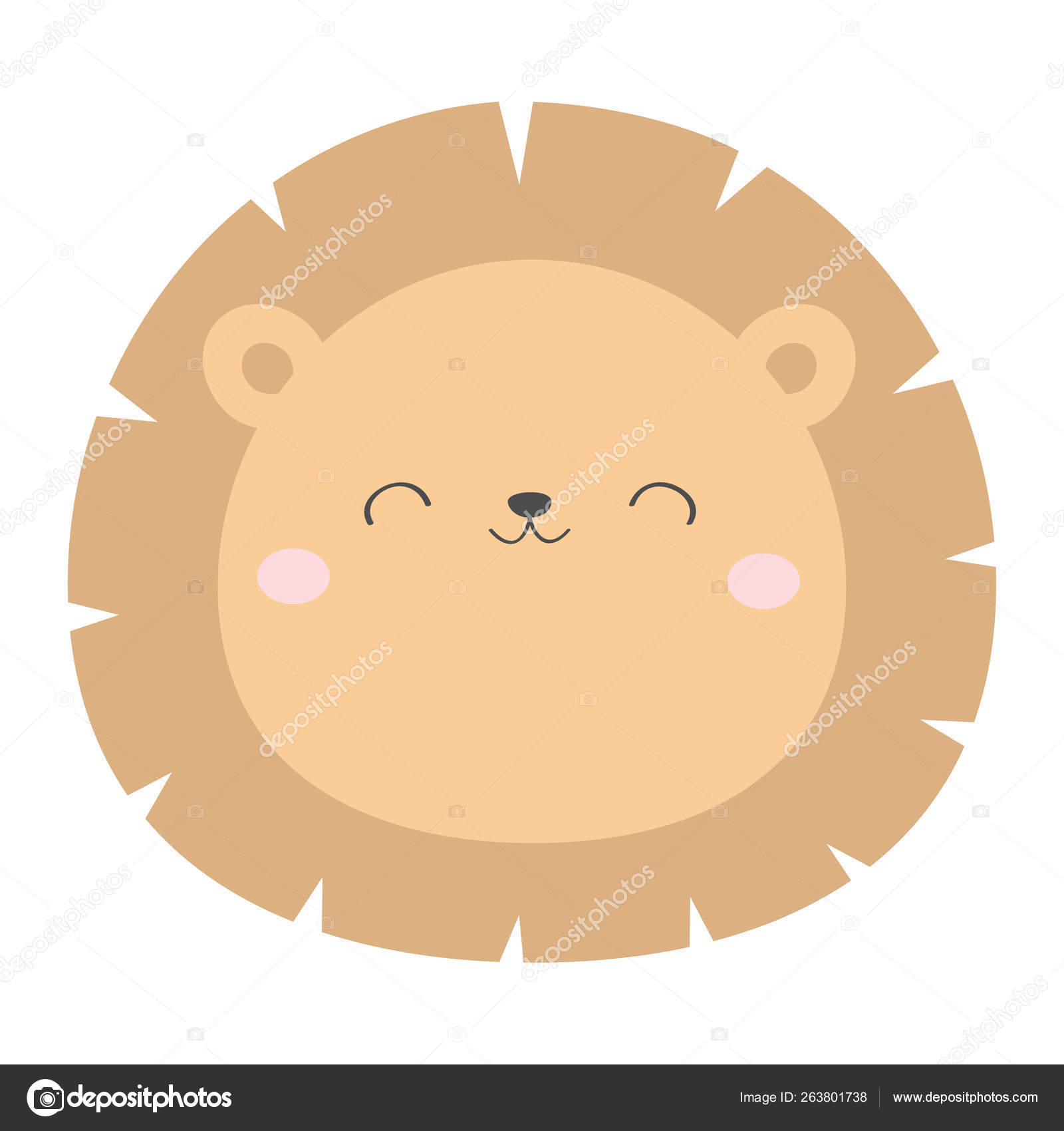 狮子圆脸头图标。卡瓦伊动物。可爱的卡通人物。有趣的婴儿与眼睛，鼻子，耳朵。儿童打印。爱贺卡。平面设计。白色背景。孤立.  图库矢量图©worldofvector 263801738, image size:1600x1700