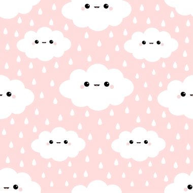 Gökyüzündeki bulut. Yağmur damlası. Kusursuz Desen. Sevimli karikatür kawaii komik gülümseyen bebek karakteri. Ambalaj kağıdı, tekstil şablonu. Kreş dekorasyonu. Pembe arka plan. Düz tasarım.
