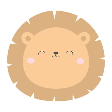 Aslan yuvarlak yüz baş simgesi. Kawaii hayvanı. Sevimli çizgi film karakteri. Gözleri, burnu, kulakları olan komik bir bebek. Çocuklar baskı. Love Tebrik kartı. Düz tasarım. Beyaz arka plan. Izole.