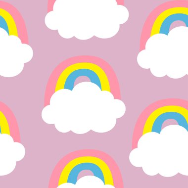 Bulut Renkli Gökkuşağı. Kusursuz Desen. Sevimli karikatür kawaii komik bebek çocuk dekor. Ambalaj kağıdı, tekstil şablonu. Kreş dekorasyonu. Mor arka plan. Düz tasarım.