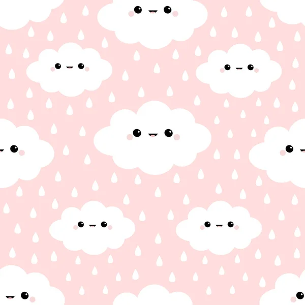 Wolke am Himmel. Regentropfen. nahtloses Muster. niedlichen Karikatur kawaii lustig lächelnd Baby-Charakter. Packpapier, Textilschablone. Baumschuldekoration. rosa Hintergrund. flache Bauweise. — Stockvektor