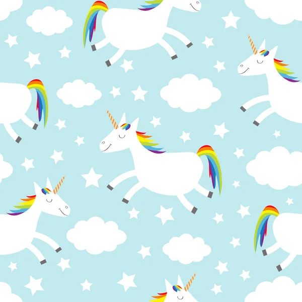 Sömlöst mönster. Unicorn hoppning. Cloud Star på himlen. Söt tecknad kawaii rolig leende bebis karaktär. Omslagspapper, textil mall. Plantskola dekoration blå bakgrund flat design — Stock vektor