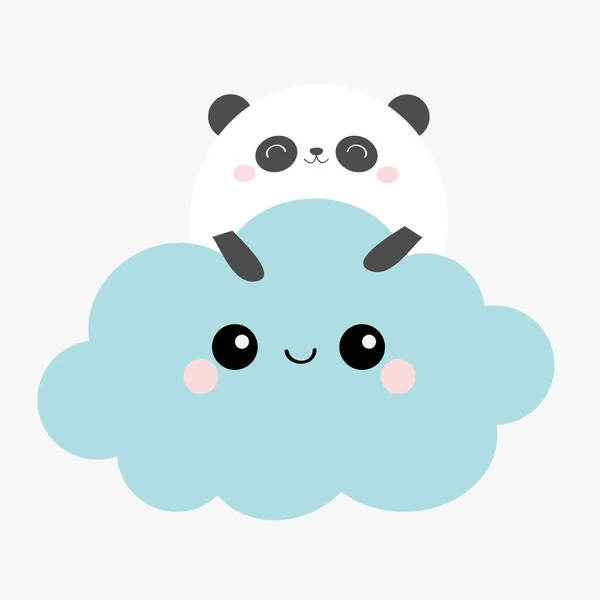 Cara de oso panda sosteniendo una nube azul en el cielo. Lindo personaje de dibujos animados kawaii divertido bebé sonriente. Decoración de vivero. Impresión infantil. Fondo blanco. Diseño plano . — Archivo Imágenes Vectoriales