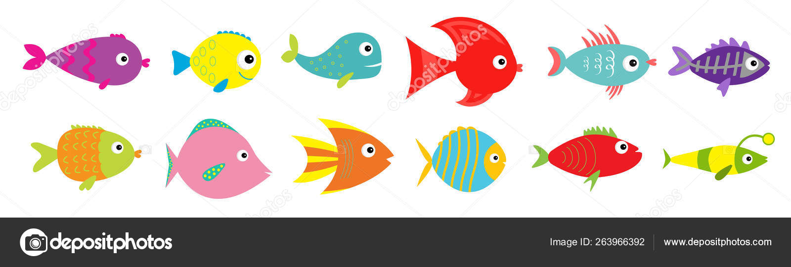 귀여운 만화 물고기 아이콘 세트 라인입니다. 바다 바다 동물입니다. 아기 아이 컬렉션입니다. 플랫 디자인. 흰색 배경입니다. 격리.  스톡 벡터 - ©worldofvector 263966392, image size:1600x540