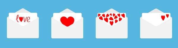 Fyra kuvert med röda hjärtan set linje. Glad Alla hjärtans dag. Kärlekskort. Platt design. Blå bakgrund. Isolerade. — Stock vektor