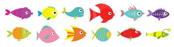 Cute cartoon fish icon set line. Sea ocean animal. Baby kids collection. Flat design. White background. Isolated. — Stock Vector