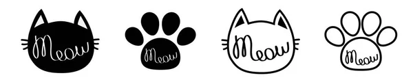 Black cat head. Meow lettering contour text. Paw print. Cute cartoon character silhouette icon set line. Kawaii animal. Baby pet collection. Sign Symbol. Flat design White background. Isolated. — Stock Vector