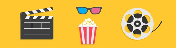 Open clapper board. 3D glasses Movie reel Popcorn box. Cinema icon set line. Flat design style. Yellow background. Isolated.