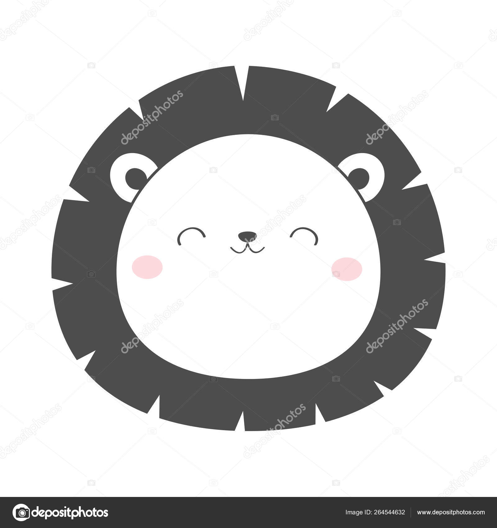 狮子圆脸头素描线图标。卡瓦伊动物。可爱的卡通人物。有趣的婴儿与眼睛，鼻子，耳朵。儿童打印。爱贺卡。平面设计。白色背景。孤立.  图库矢量图©worldofvector 264544632, image size:1600x1700