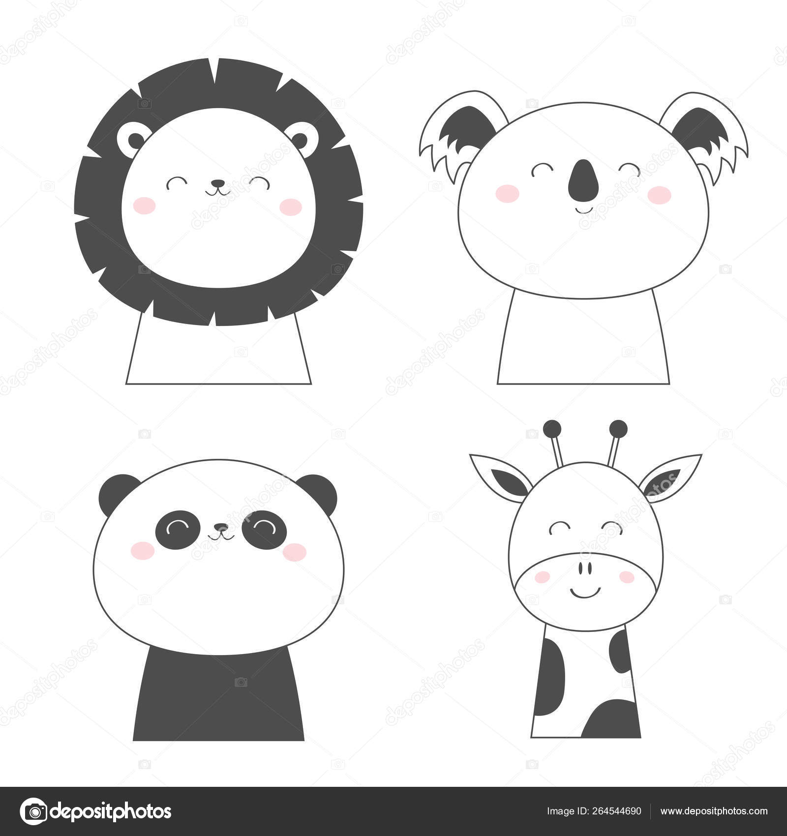 Lion Koala Panda Bear Giraffe Face Head Sketch Line Icon Set