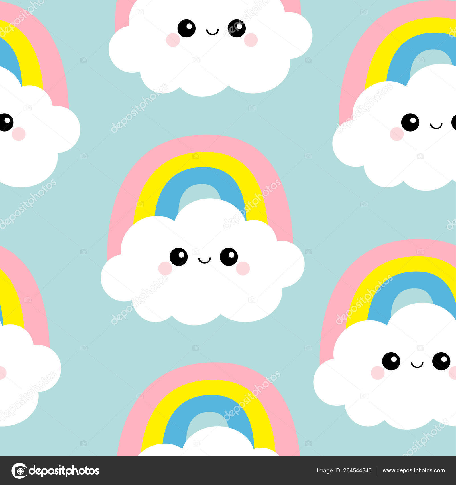 padrão perfeito com sol kawaii, arco-íris e nuvem sobre fundo azul