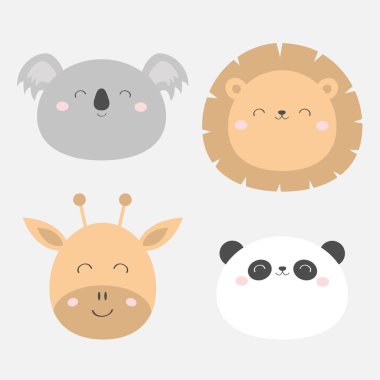 Zürafa Aslan Koala Panda bearround yüz baş simge seti. Kawaii hayvanı. Sevimli çizgi film karakteri. Komik bebek çocuklar baskı. Love Tebrik kartı. Düz tasarım. Beyaz arka plan. Izole.