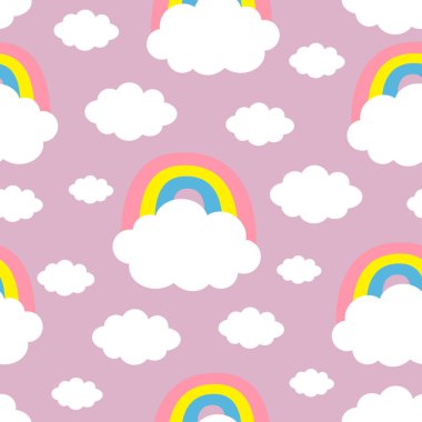 Seamless Pattern. Cloud Colorful Rainbow. Cute cartoon kawaii funny baby kids decor. Wrapping paper, textile template. Nursery decoration. Violet background. Flat design.