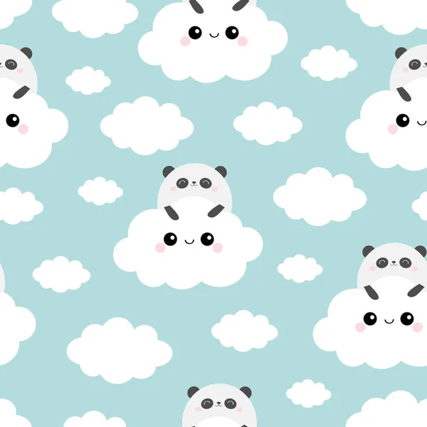 Il volto dell'orso panda tiene la nuvola nel cielo. Schema senza soluzione di continuità. Carino cartone animato kawaii divertente personaggio bambino sorridente. Carta da imballaggio, modello tessile. Decorazione vivaio. Sfondo blu. Design piatto . — Vettoriale Stock