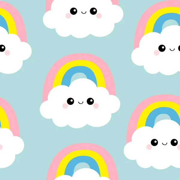 Nube arco iris. Patrón sin costuras. Cabeza de cara graciosa. Lindo personaje de dibujos animados kawaii bebé divertido. Decoración para niños. Papel de envolver, plantilla textil. Decoración de vivero. Fondo azul. Diseño plano . — Archivo Imágenes Vectoriales