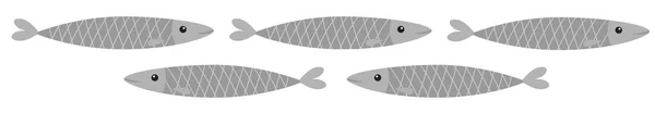 Řádek sady ikon ze šedé ryby sardinek. V pilchardu. V Iwai. Roztomilý kreslený postava. Sardele pilchard. Vodní zvíře. Mořský život. Plochý design. Bílé pozadí. Izolované. — Stockový vektor