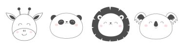 Zürafa Aslan Koala Panda ayı yuvarlak yüz baş skeç hattı simge çizgi. Sevimli çizgi film karakteri. Kawaii hayvanı. Komik bebek çocuklar baskı. Love Tebrik kartı. Düz tasarım. Beyaz arka plan. Izole.