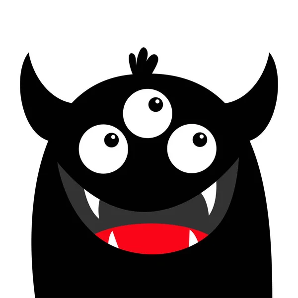 Monsterkopf Gesicht schwarze Silhouette. Drei Augen, Zähne, Lächeln, Hörner. niedlichen kawaii cartoon lustige figur. fröhliches Halloween. Baby Kids Kollektion. flache Bauweise. weißer Hintergrund. isoliert. — Stockvektor