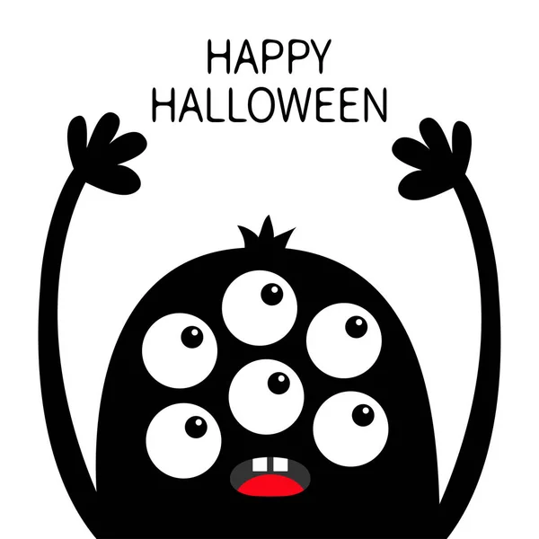 Happy Halloween. Monster head black silhouette. Six eyes, teeth, tongue, hands up. Cute kawaii cartoon funny character. Baby kids collection. Flat design. White background. Isolated. — Stock Vector