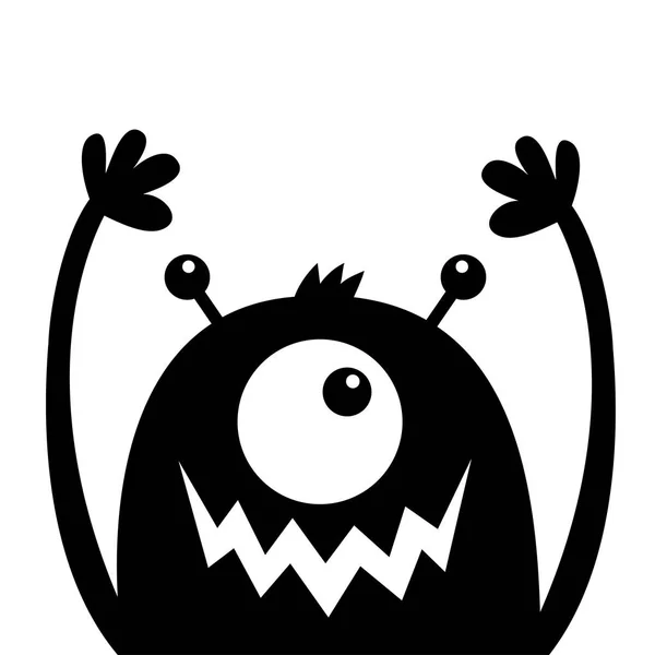 Monsterkopf schwarze Silhouette. Ein Auge, Zähne, Mund, Hörner, Hände hoch. niedlichen kawaii cartoon lustige figur. fröhliches Halloween. Baby Kids Kollektion. flache Bauweise. weißer Hintergrund. isoliert. — Stockvektor