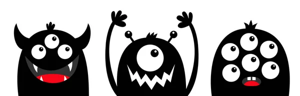 Monsterkopf Gesicht schwarze Silhouette gesetzt Linie. Augen, Zähne, Hörner, Hände hoch. niedlichen Karikatur kawaii lustige Figur. fröhliches Halloween. Baby Kids Kollektion. flache Bauweise. weißer Hintergrund. isoliert. — Stockvektor