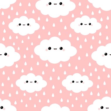 Seamless Pattern. Cloud in the sky. Rain drop. Cute cartoon kawaii funny smiling baby character. Wrapping paper, textile template. Nursery decoration. Pink background. Flat design.