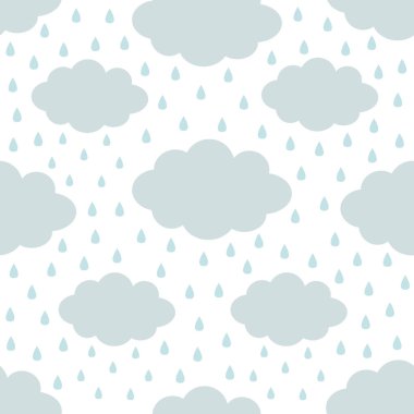 Seamless Pattern. Cloud in the sky. Rain drop. Cute cartoon kawaii funny baby kids decor. Wrapping paper, textile template. Nursery decoration. White background. Flat design.