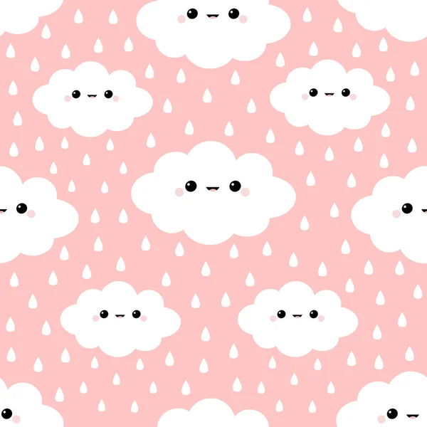 Nahtloses Muster. Wolke am Himmel. Regentropfen. niedlichen Karikatur kawaii lustig lächelnd Baby-Charakter. Packpapier, Textilschablone. Baumschuldekoration. rosa Hintergrund. flache Bauweise. — Stockvektor